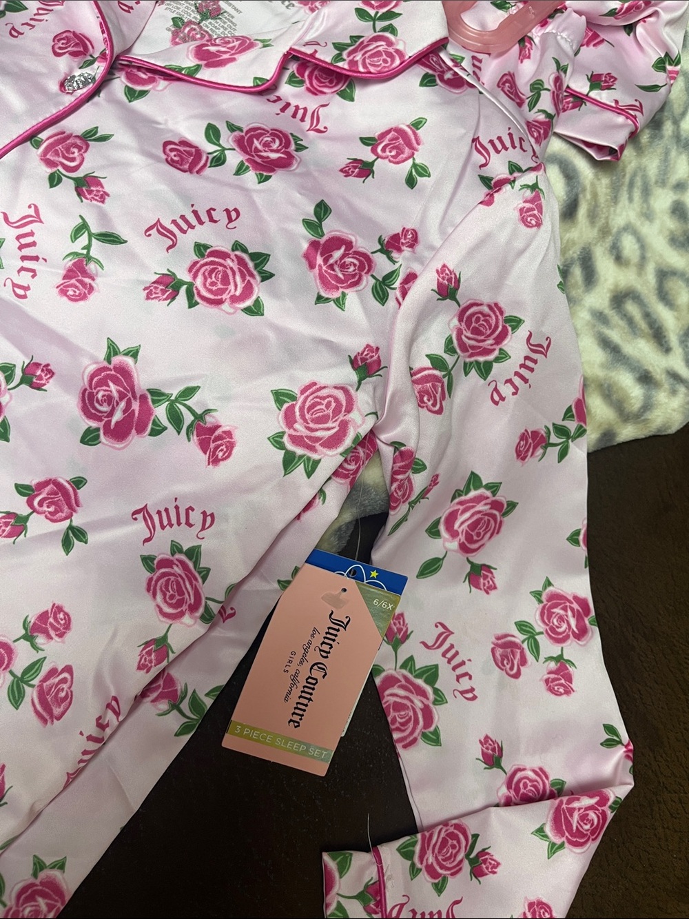 Juicy Couture Pink Rose Print Girls 3 Piece Pajama Set - Picture 6 of 6